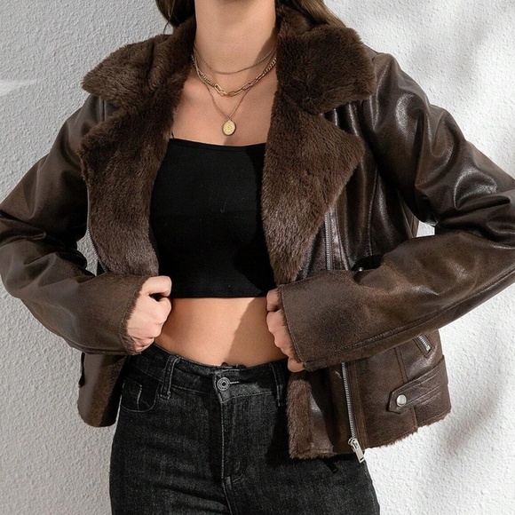 Jackets & Blazers - Cozy brown Vegan Fur Zip up Biker Moto Jacket Coat